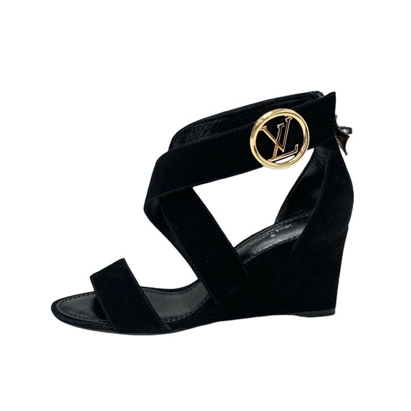 Louis Vuitton Horizon Line Sandals Shoes Suede Black Gold Lvhardware Wedge Sole