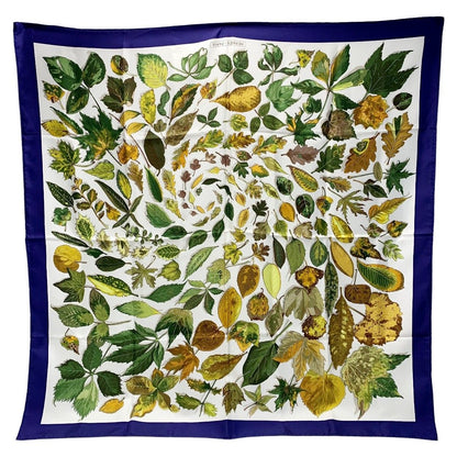 Hermes Fallen Leaves White X Navy Silk Scarf