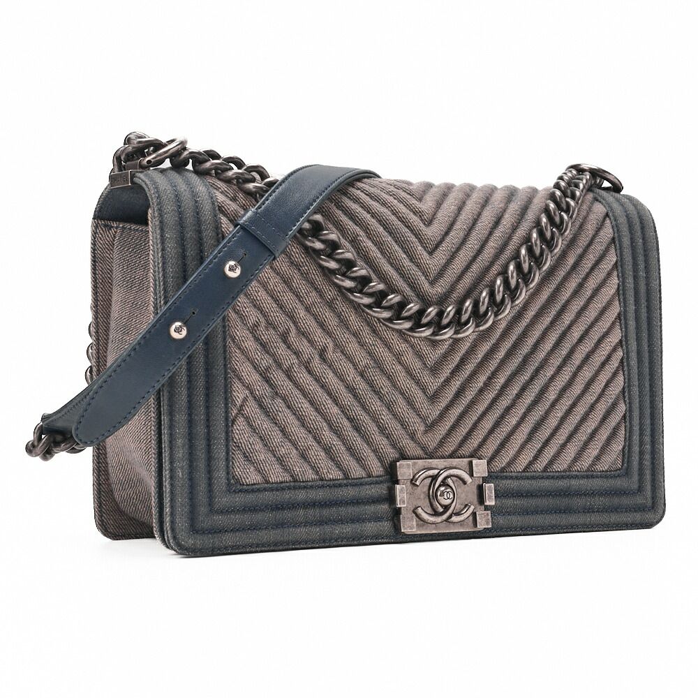Chanel Boy Chanel V-stitched Chain Shoulder Denim Large Size Blue (silva