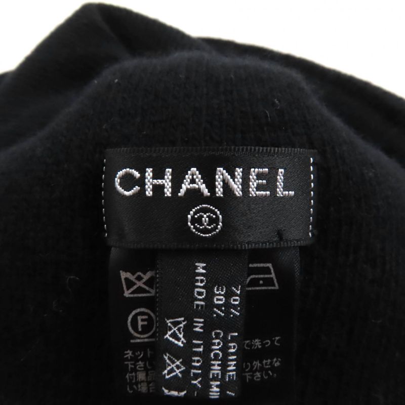 CHANEL Wool Cashmere Blend Logo Design Knit Hat Knit Cap Hat Black Made In