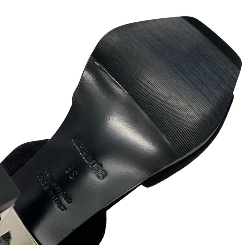 Hermes Crystal 105 Sandals Shoes Suede Black Silver Strap