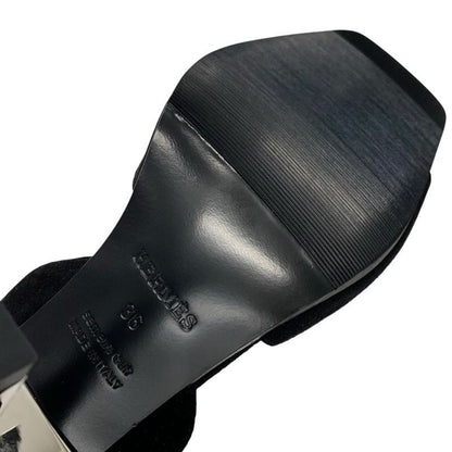 Hermes Crystal 105 Sandals Shoes Suede Black Silver Strap