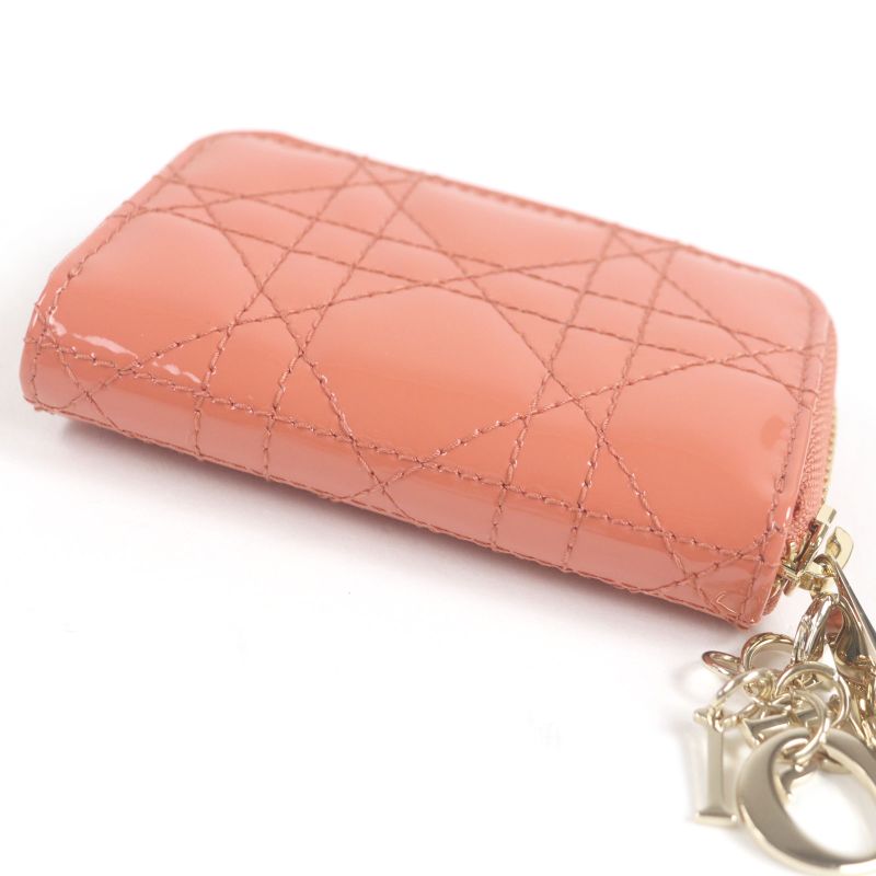Christian DIOR Lady DIOR Voyage Cannage Patent Leather Zip Coin Case Small Pink