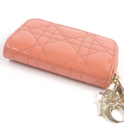 Christian DIOR Lady DIOR Voyage Cannage Patent Leather Zip Coin Case Small Pink