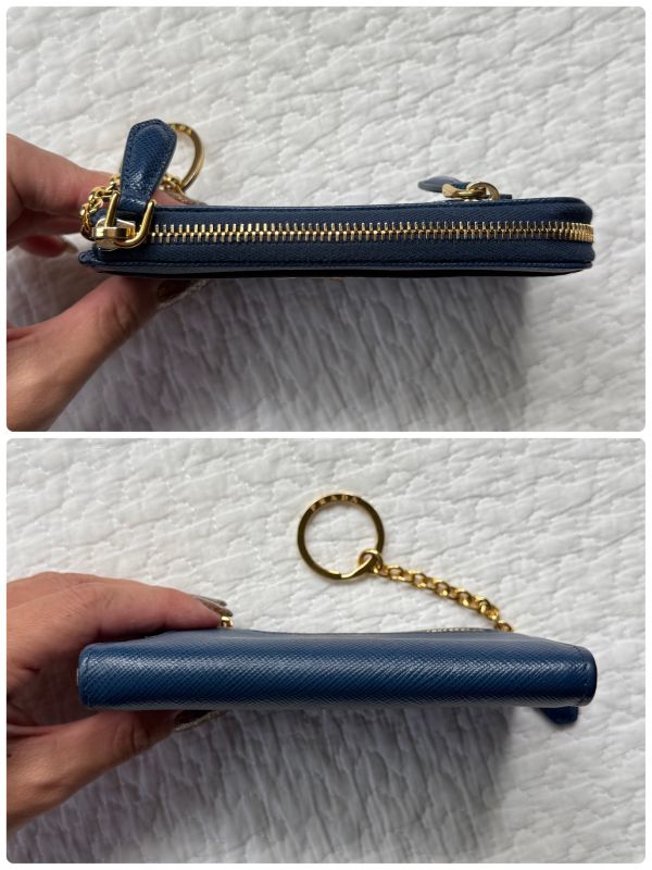 Prada Saffiano Leather Coin Case with Key Ring Navy Gold Hardware 1pp122 Bruette