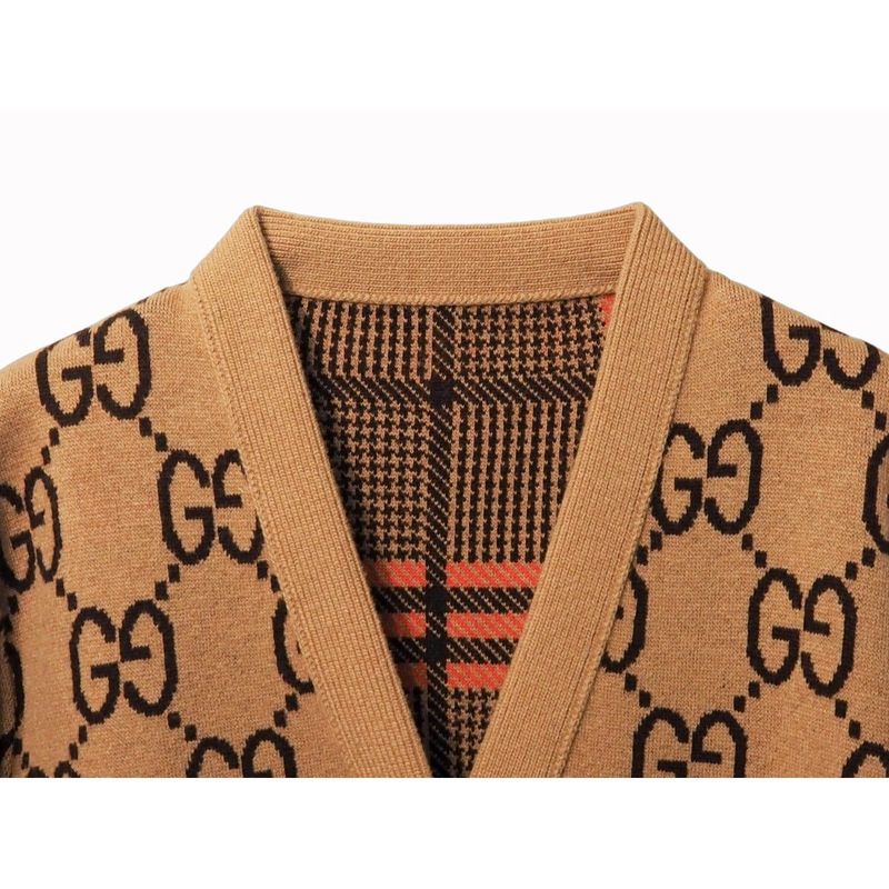 Gucci GG Wool Check Reversible Cardigan Glen Check Woven Long Sleeve Women's V