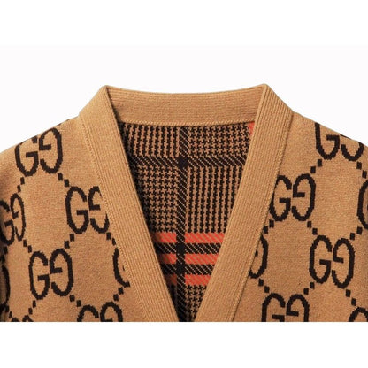 Gucci GG Wool Check Reversible Cardigan Glen Check Woven Long Sleeve Women's V