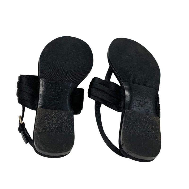 Chanel Sandals Shoes Satin Black Gold Here Mark Rhinestone Thong Flat