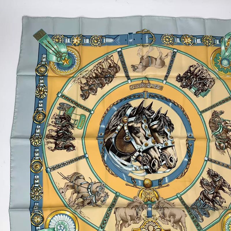 Hermes Carre 90 Chevaux DE Trait Cart Horse Silk Scarf Blue