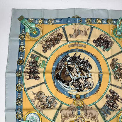 Hermes Carre 90 Chevaux DE Trait Cart Horse Silk Scarf Blue