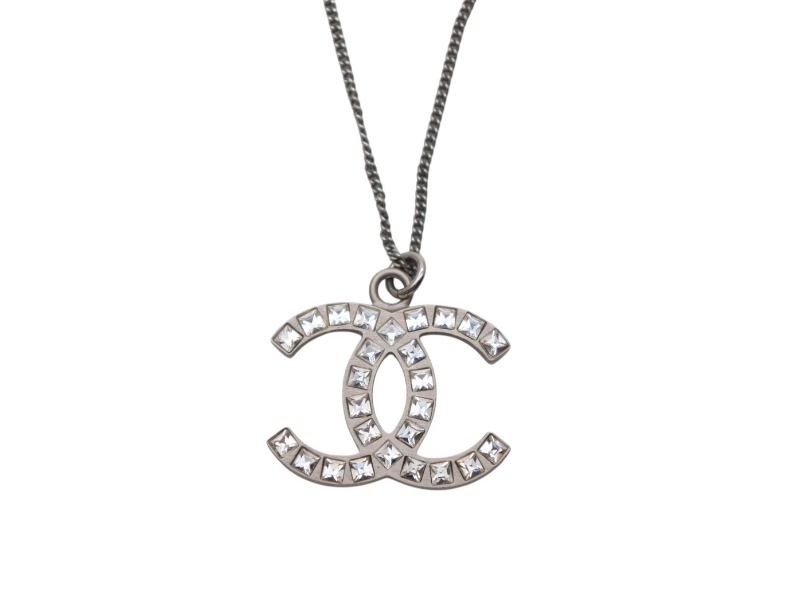 Chanel CC Logo Square Rhinestone Necklace 12 45 Silver Metal — view 2