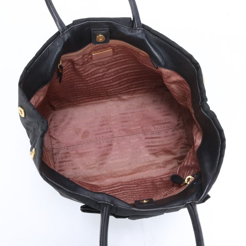 Prada Tessuto Nylon Ribbon Design Leather Tote Bag Shoulder Hand Black Women