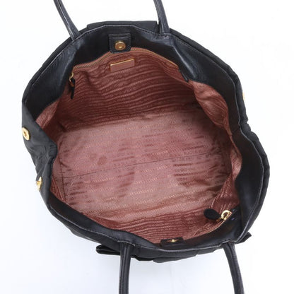 Prada Tessuto Nylon Ribbon Design Leather Tote Bag Shoulder Hand Black Women