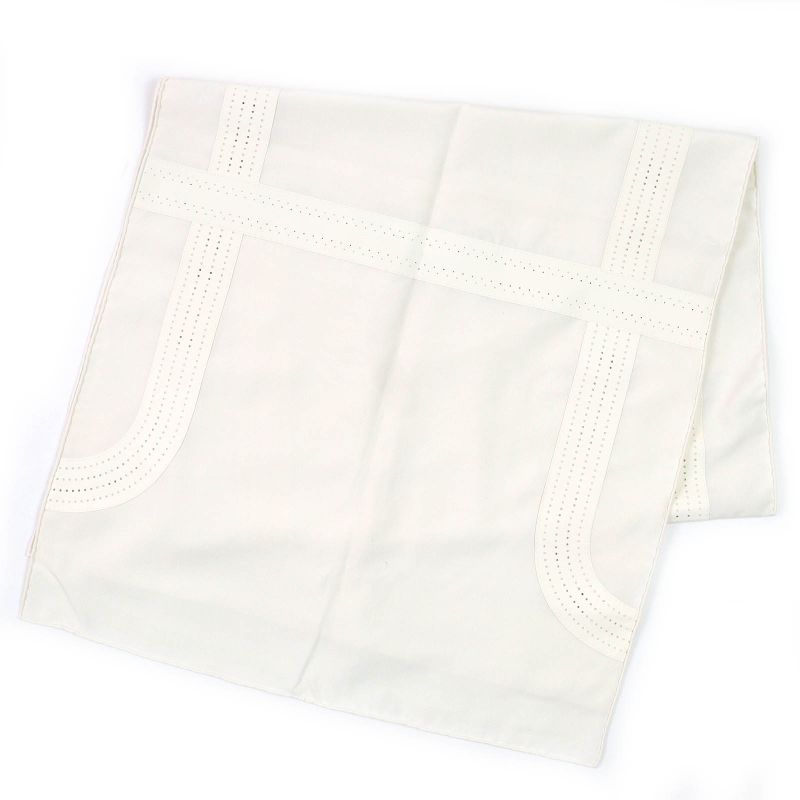 Hermes 100% Silk H Motif Perforated Lamb Leather Used Stole Shawl Ivory With