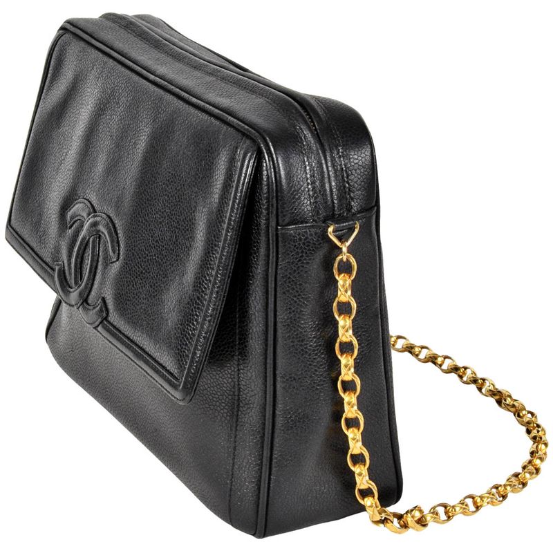 Chanel Shoulder Bag Caviar Skin Black Gold Hardware Vintage Women