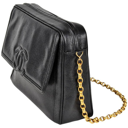 Chanel Shoulder Bag Caviar Skin Black Gold Hardware Vintage Women