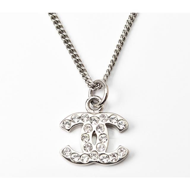 Chanel Necklace Pendant Chanel Coco Mark CC Rhinestone Silver White