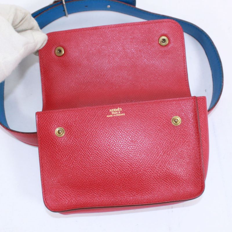 Hermes Pochette Green Courchevel Rouge Vif Blue France Waist Bag Leather Blue