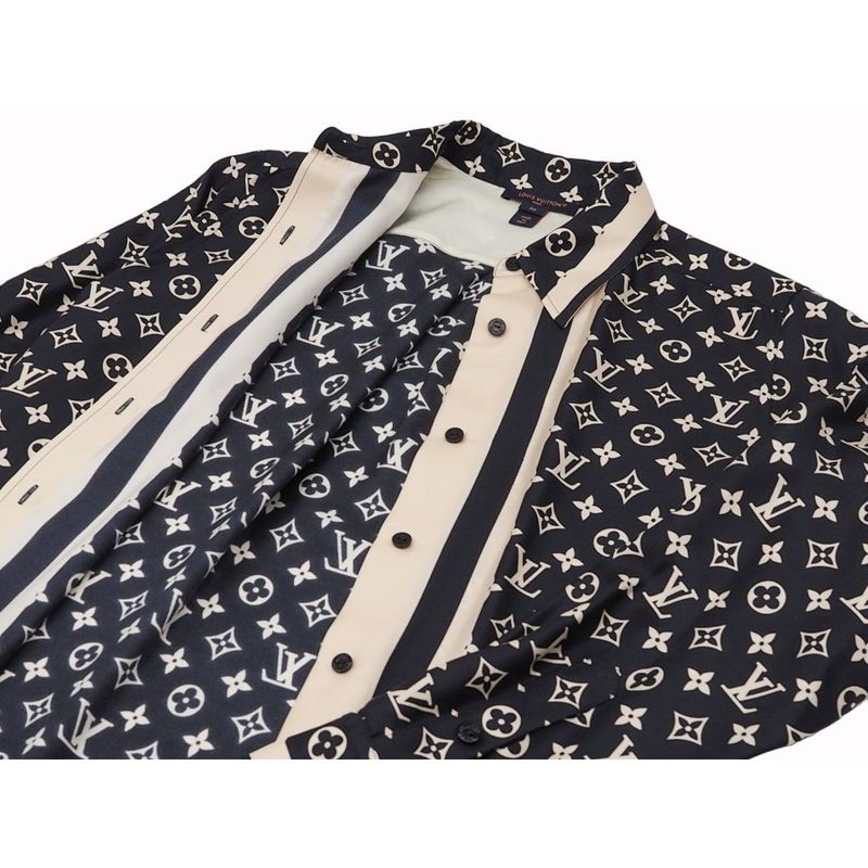 Louis Vuitton Monogram Pajama Shirt Silk Shirt Blouse Women's Tops Navy Ivory