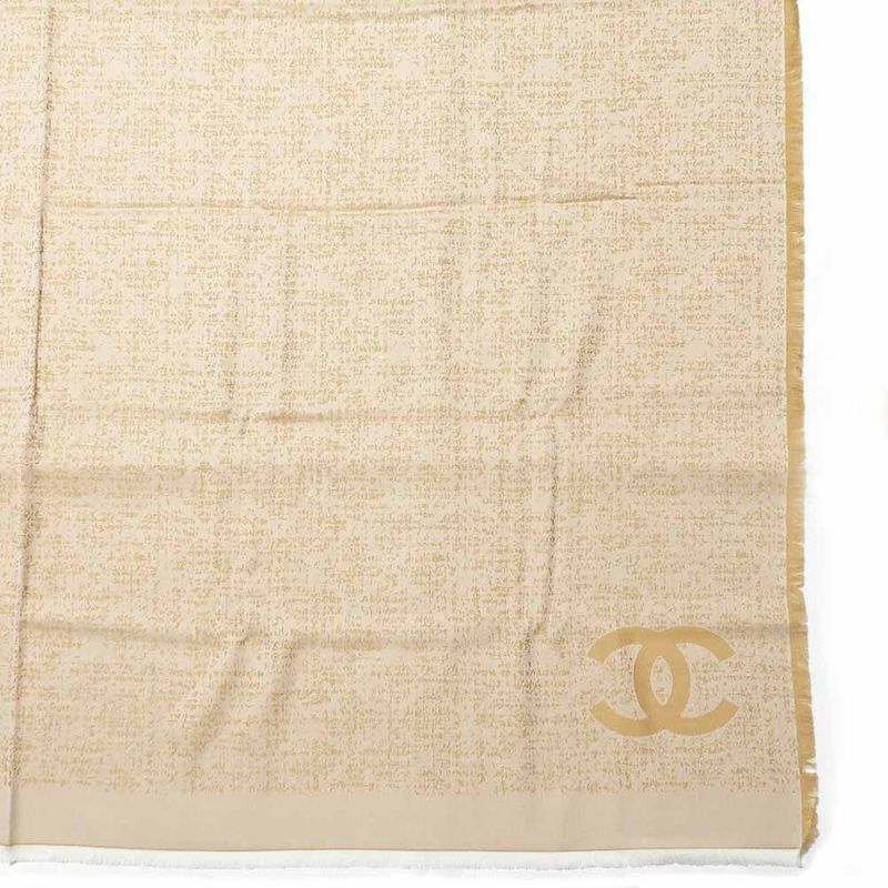Chanel Large Shawl CC Mark Beige Wool Shawl Fringe Ladies Women