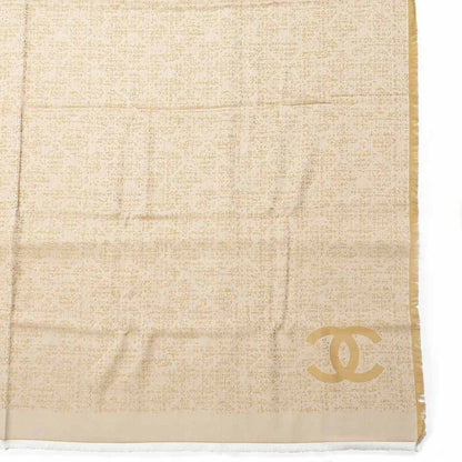 Chanel Large Shawl CC Mark Beige Wool Shawl Fringe Ladies Women
