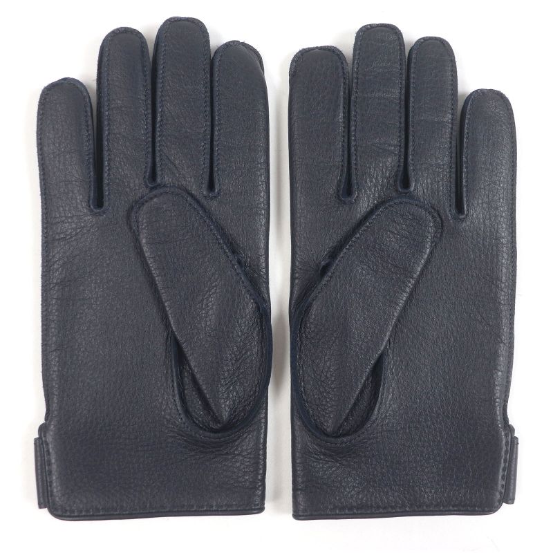 Hermes Deerskin 100% Silk Lining Serie Button Leather Gloves Gloves Navy 8.5