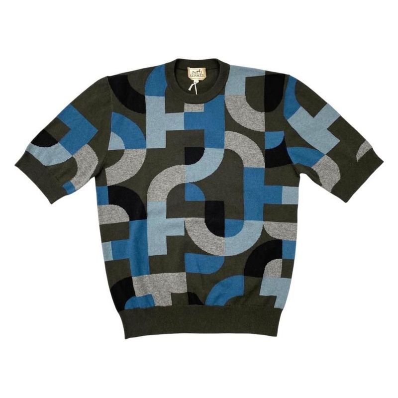 Hermes Short Sleeve Sweater Intarsia Mayon Puzzle Knit Size S Cashmere Gray