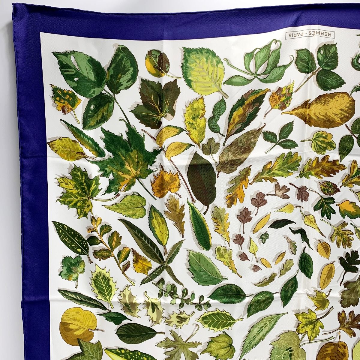 Hermes Fallen Leaves White X Navy Silk Scarf