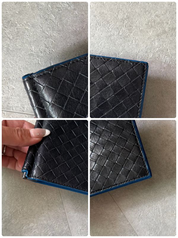 Bottega Veneta Money Clip Leather Bifold Wallet Intrecciato Bicolor Black Blue