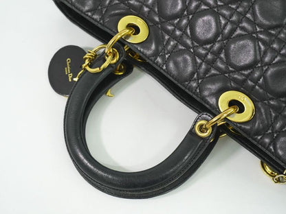 Authentic Christian DIOR Lady Dior Cannage Handbag Leather Black Lady Dior Bag