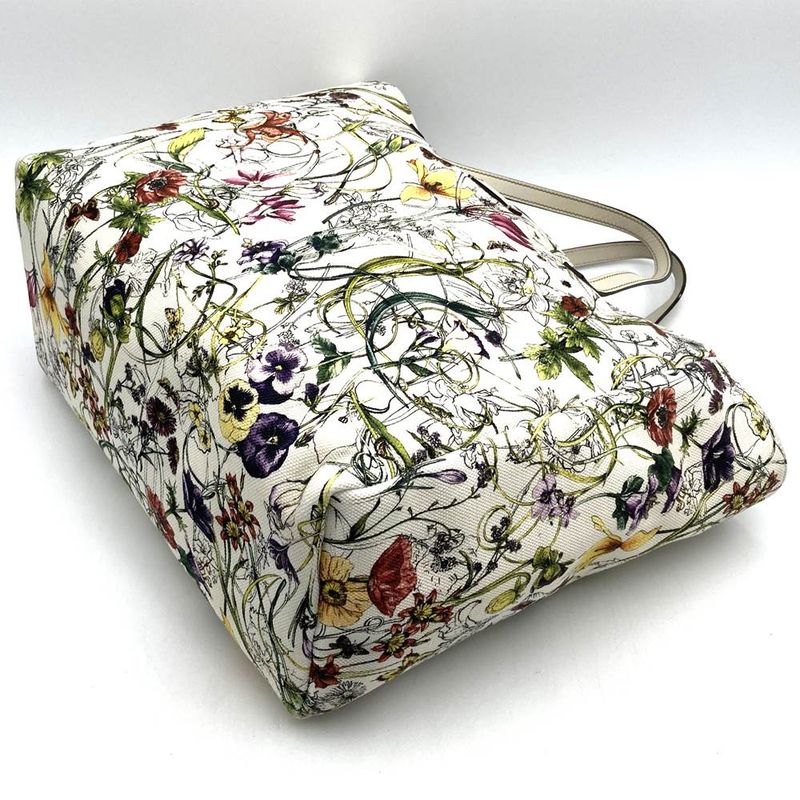 Gucci 282439 Tote Handbag Flora White Multicolor Canvas Leather Fashion Women