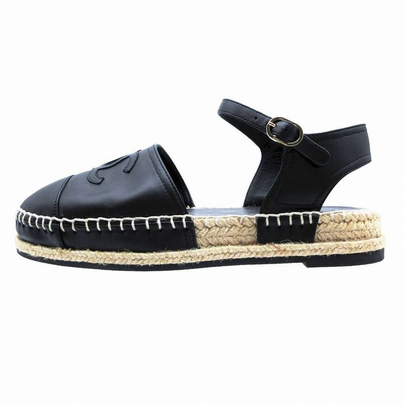 Chanel Coco Mark 20s Leather Sandals Women's Black G36184 Espadrilles Size 23cm