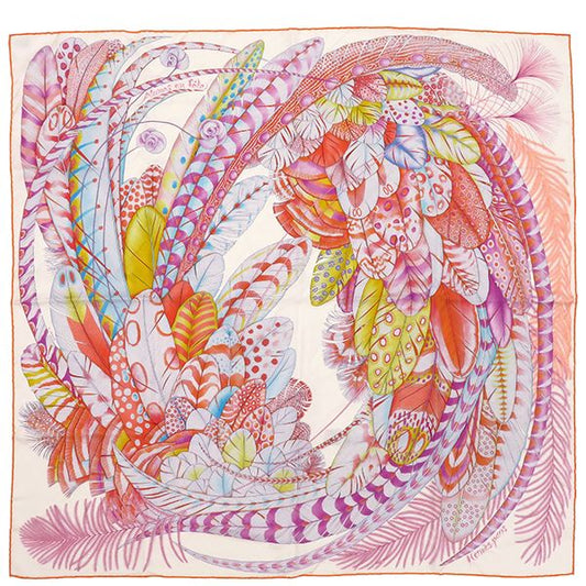 Hermes Scarf Carre 90 Carre Silk White Coral and Palm [plumes En Fete
