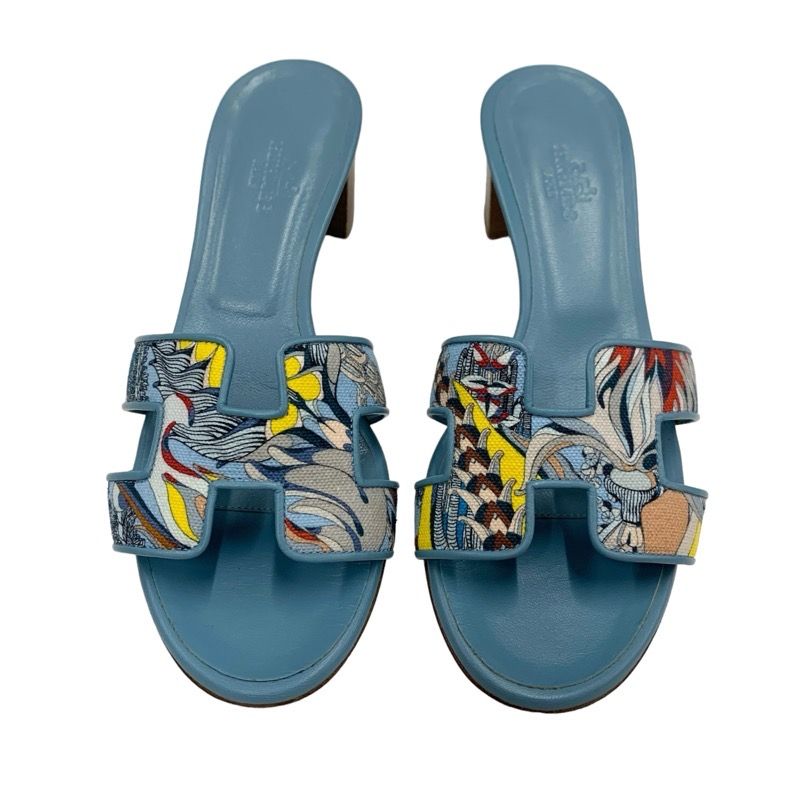 Hermes Oasis Sandals Shoes Canvas Leather Light Blue Multicolor Mule Pattern