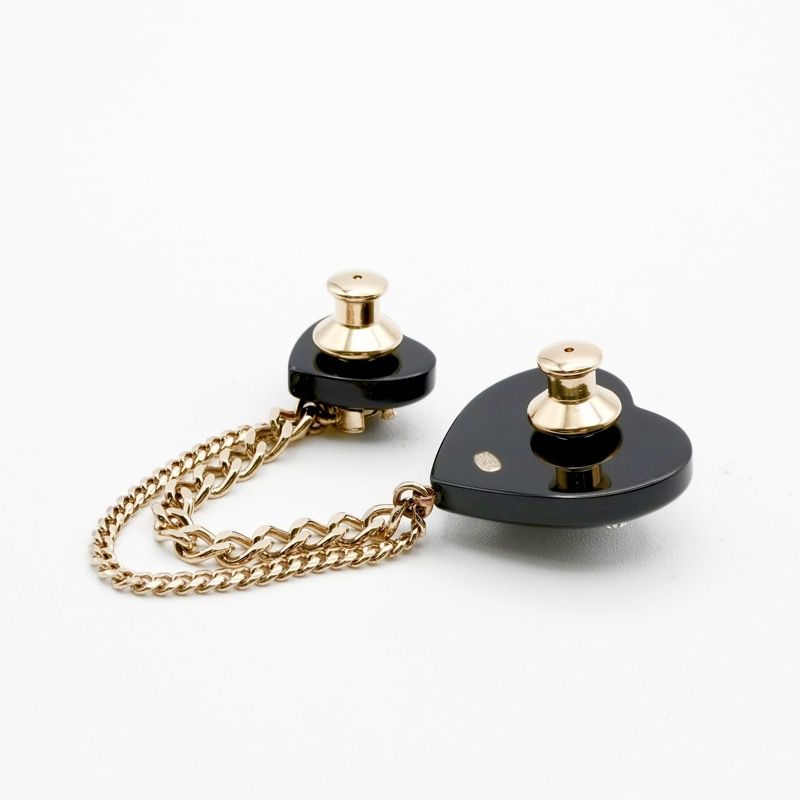 Chanel Brooch Corsage Black Gold Coco Mark Rhinestone Chain Heart