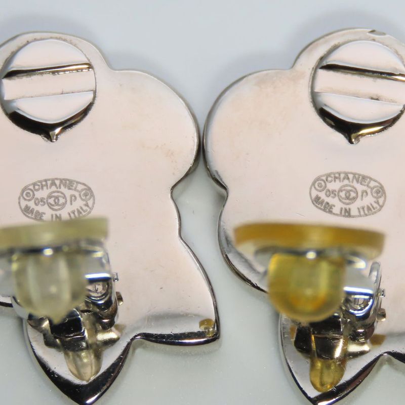 Chanel Earring Coco Mark Metal Silver Black Cream Camellia 05P Accessories