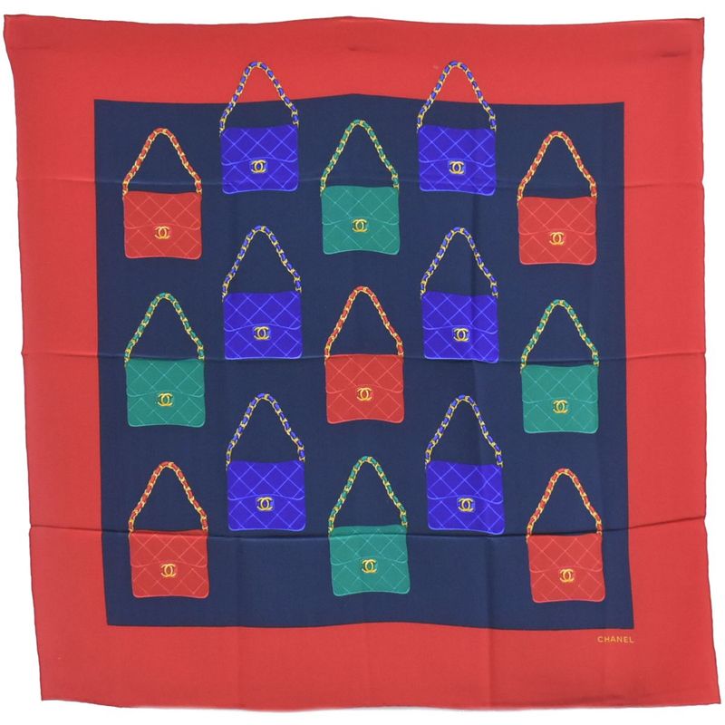 Authentic Chanel Bag Motif Scarf Shawl Bandana Silk Red Navy Multicolor