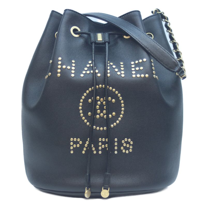 Chanel 28th As1045 Black Caviar Skin Deauville Drawstring Chain Shoulder Bag