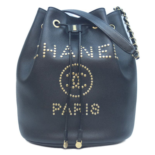 Chanel 28th As1045 Black Caviar Skin Deauville Drawstring Chain Shoulder Bag