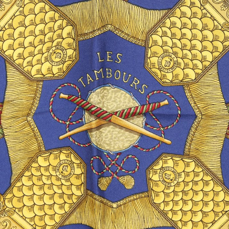 Hermes Carre 90 LES Tambours Tambour Drums Silk Blue Ladies Scarf