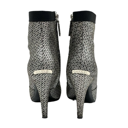 Chanel Boots Short Boots Shoes Fabric Leather Silver Black Logo