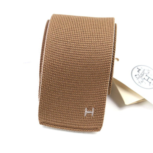 Hermes 100% Silk H Logo Embroidery Reversible Knit Tie Brown White With Box