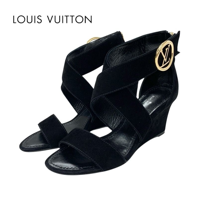 Louis Vuitton Horizon Line Sandals Shoes Suede Black Gold Lvhardware Wedge Sole