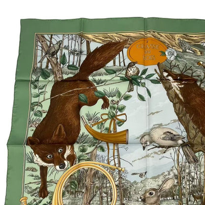 Hermes Carre 90 Chasse Au BOIS Hunting In The Woods Scarf Silk Green