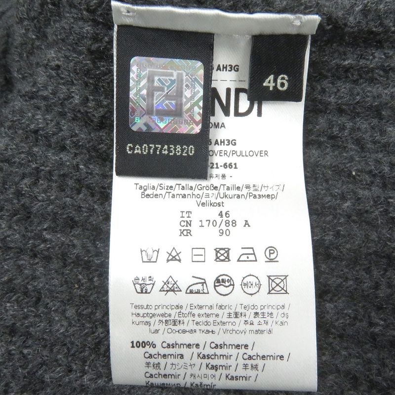 Fendi 2021 Fzy496 100% Cashmere Long Sleeve Knit Sweater With Logo Plate Grey