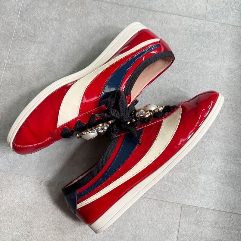 Gucci Bee Pearl Bijoux Patent Leather Sneakers 39 Women's 25cm (9.84in) Bee