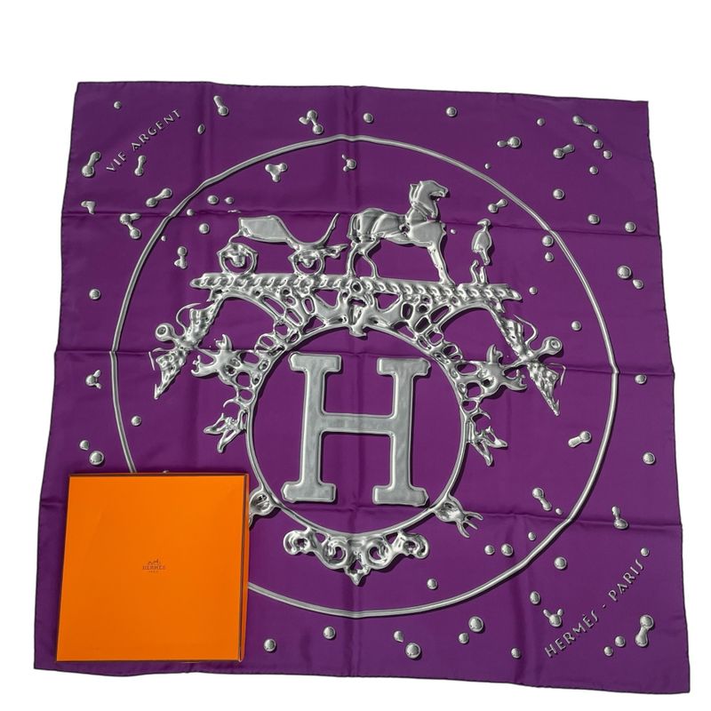 Hermes Carre 90 VIF Argent Silver Drop Orange Silk Scarf With Purple Box