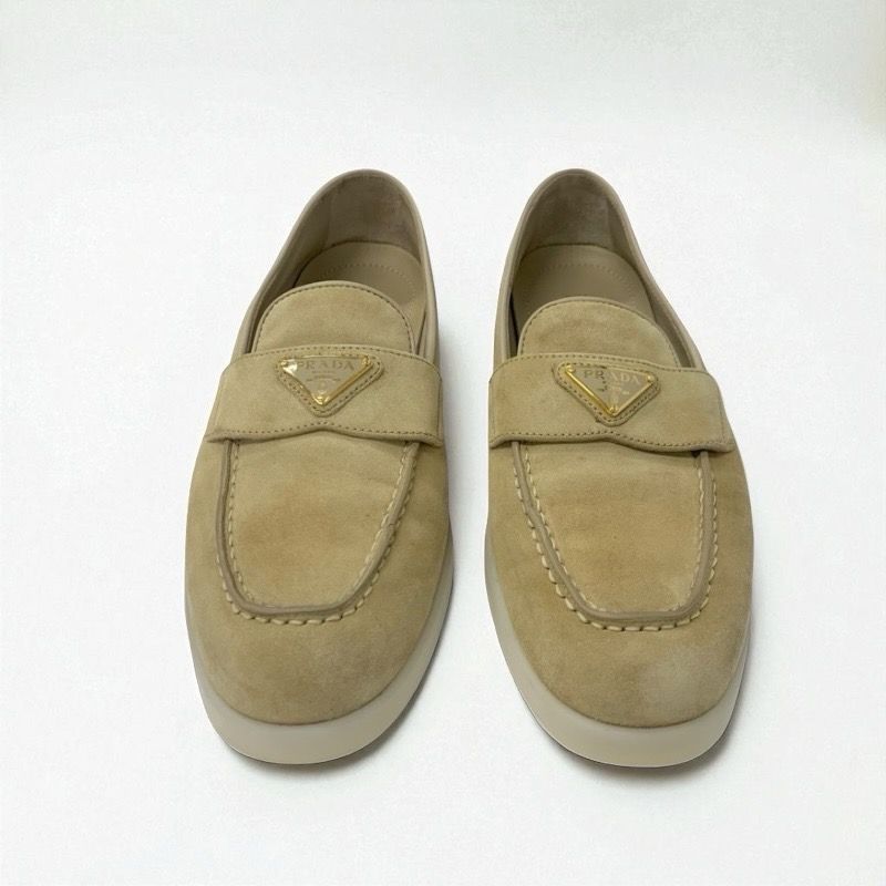 Prada Loafers Leather Shoes Suede Beige Gold Triangle Logo