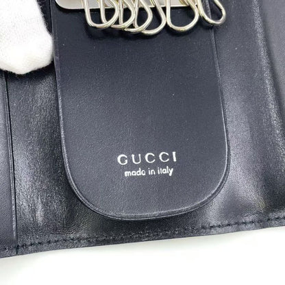 Gucci G Logo Leather Black Key Case Silver 0330416