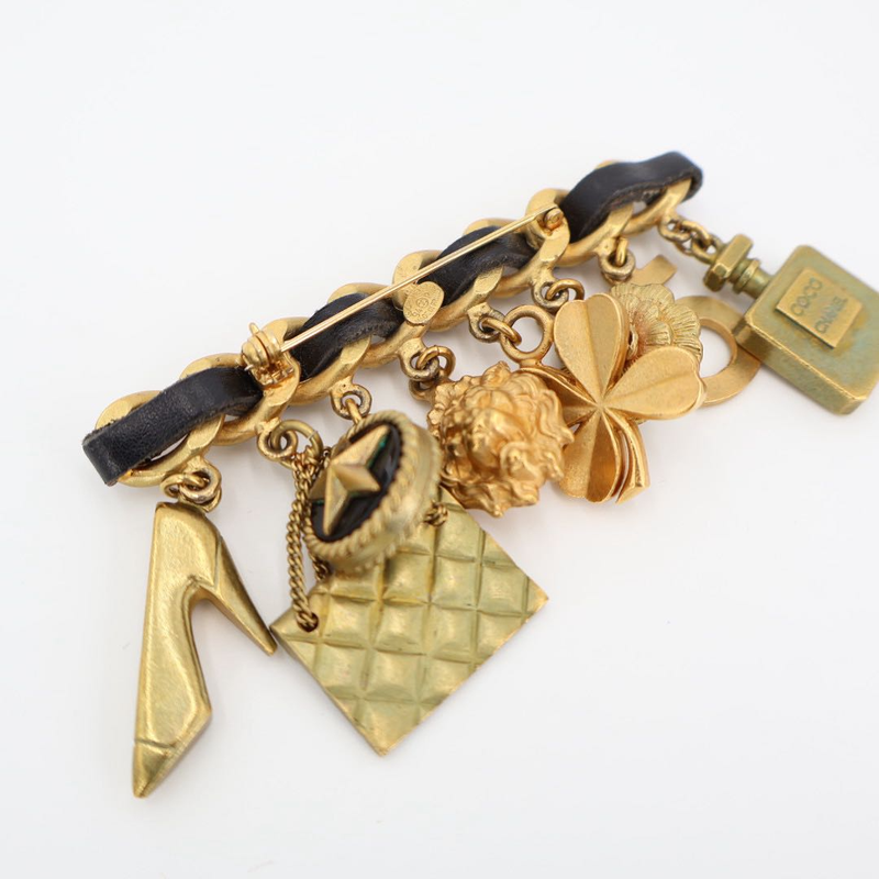 Chanel Vintage Matelasse Coco Mark 8 Charm Chain Brooch Gold Black Plated